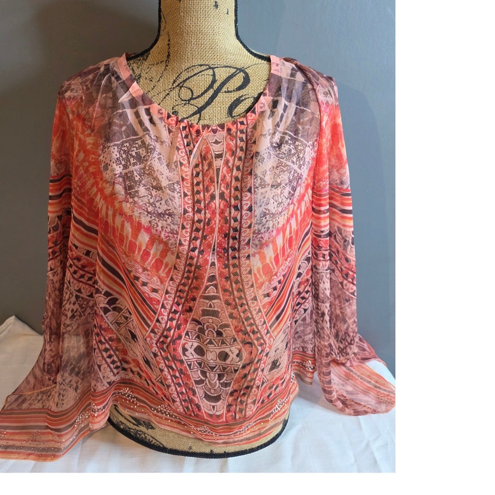 Style & Co Coral Pink Boho Geometric Mesh Rhinestone Cape Sleeve Blouse Large